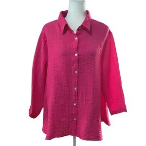 Habitat Pink Button Up Shirt Top Glitter Shimmer 3/4 Sleeve Relaxed‎ Women's XL